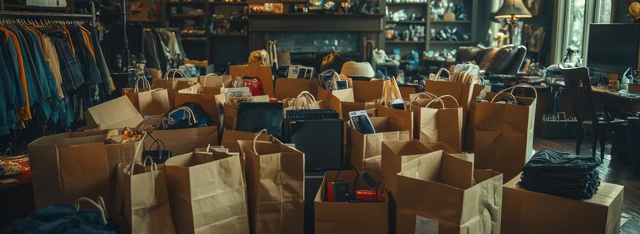 living room full of opened shopping bags and boxes filled with Black Friday purchases like clothing and electronics