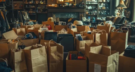 living room full of opened shopping bags and boxes filled with Black Friday purchases like clothing and electronics