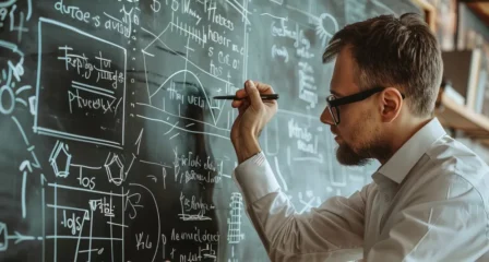 Man is writing blackboard